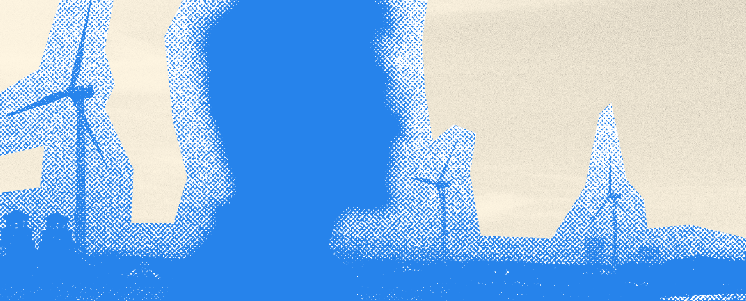 Blue halftone silhouette in front of wind turbines